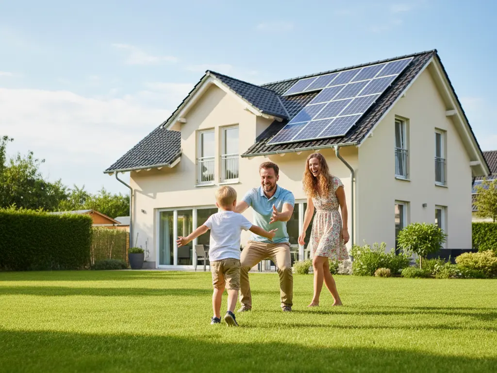 Rodinný dům se solárními panely a veselou rodinou