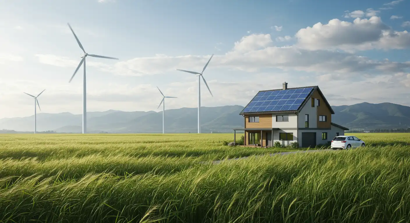 Scenérie s domkem a větrnými elektrárnami